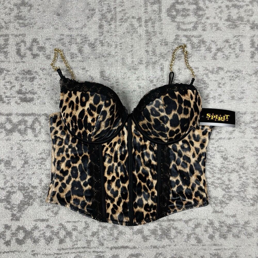NEW Leopard Cheetah Print Going Out Corset Molded Cups Gold Chains Size Large